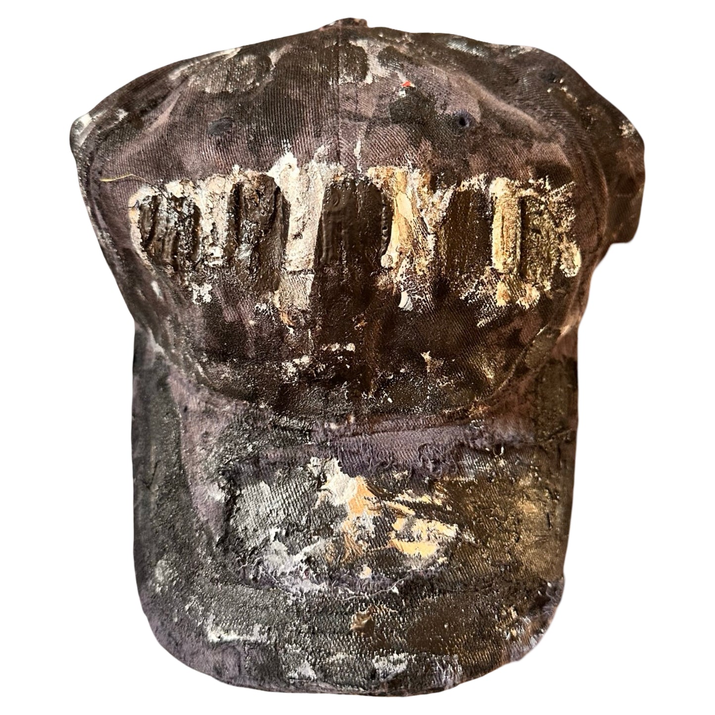 Flat front of ASTROBOI* navy fitted cap with custom black, white, and silver paint and distressed vintage finish.