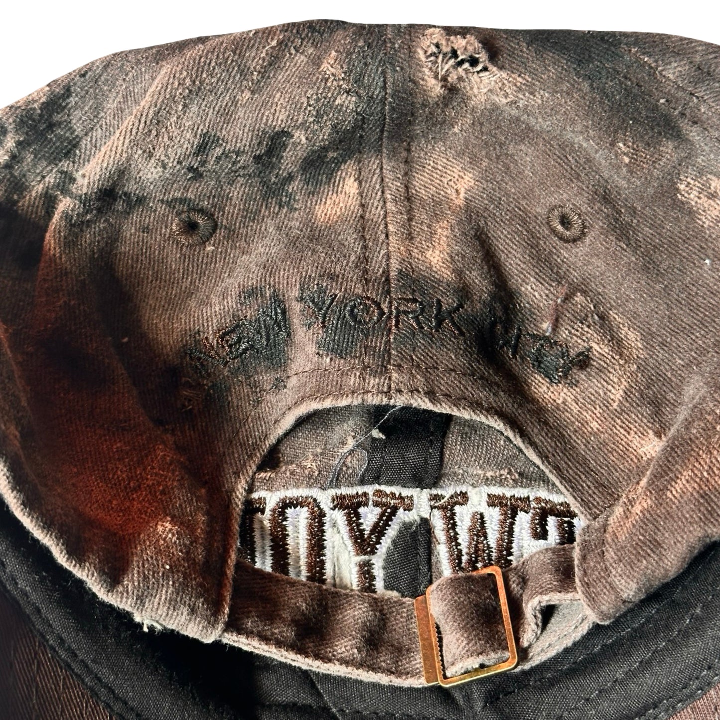 ASTROBOI* NEW YORK 'Soil' Brown & Black Distressed Pierced Hat - flat back detail 