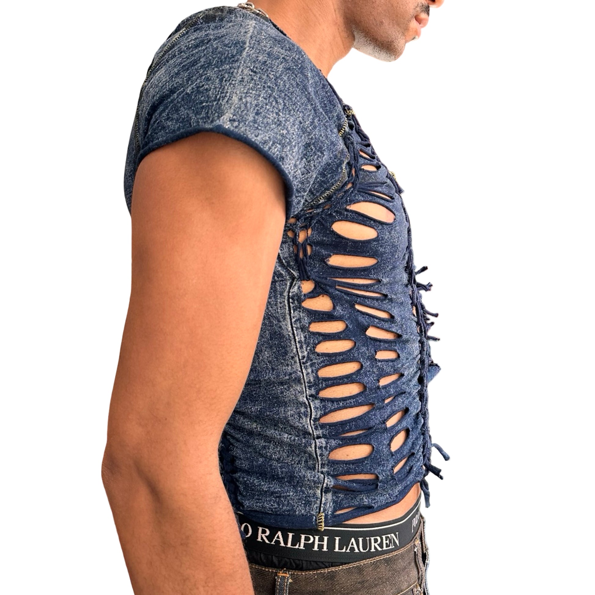 Right of ASTROBOI* blue acid-washed braided twist T-shirt with deconstructed pocket, slashes, hole details, and black paint accents. Custom NYC streetwear.