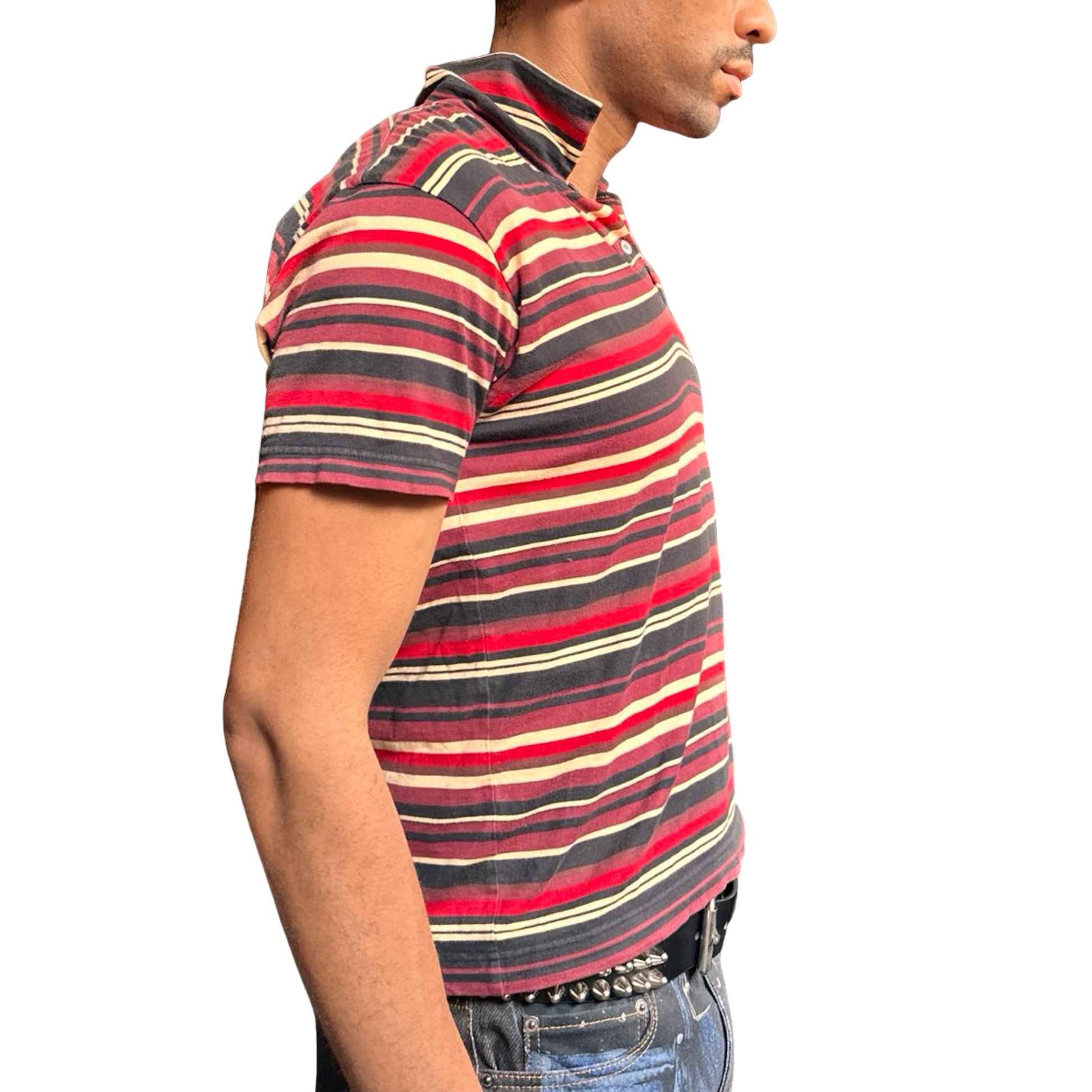 Right view of Vintage Issey Miyake Homme Plus striped cotton polo shirt in men’s small with two-button neckline and multicolor variegated stripes.