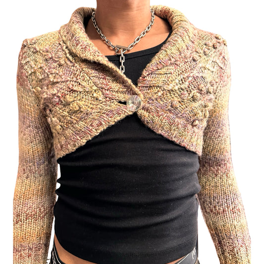 Vintage DKNY tan speckled cropped cable knit sweater with sequins and crystal button closure, women’s medium. Front view 