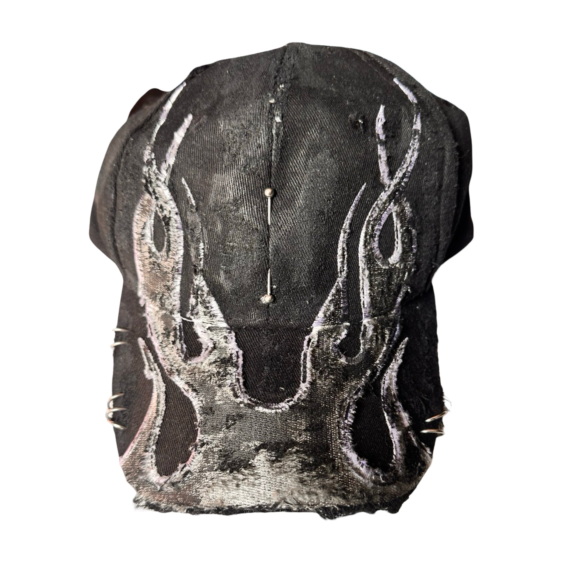 ASTROBOI* 'Black Flame' Y2K Black & Silver Distressed Pierced Hat - front flat 