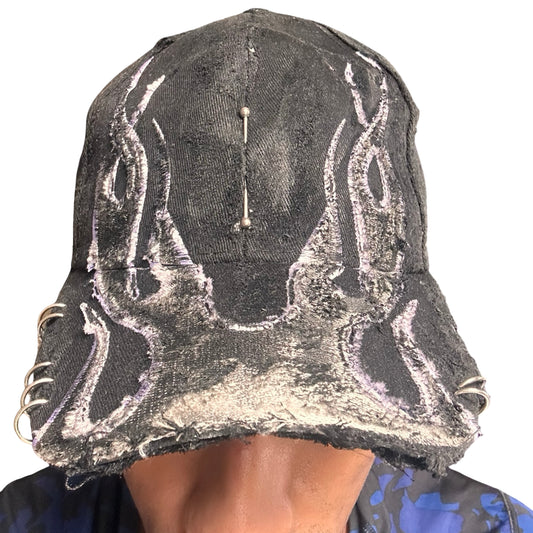 ASTROBOI* 'Black Flame' Y2K Black & Silver Distressed Pierced Hat - front 