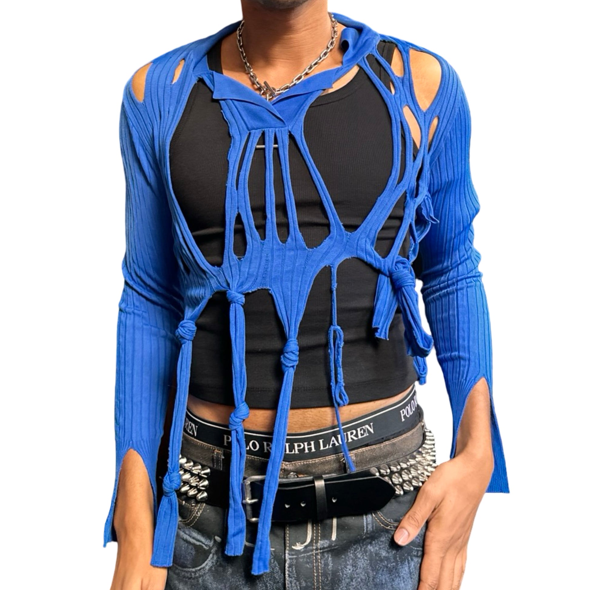 ASTROBOI* blue ribbed cropped sweater with cut outs, dangling knotted strands, and relaxed fit. Handmade knitwear piece from ASTROBOI* STUDIO in NYC. Front view 