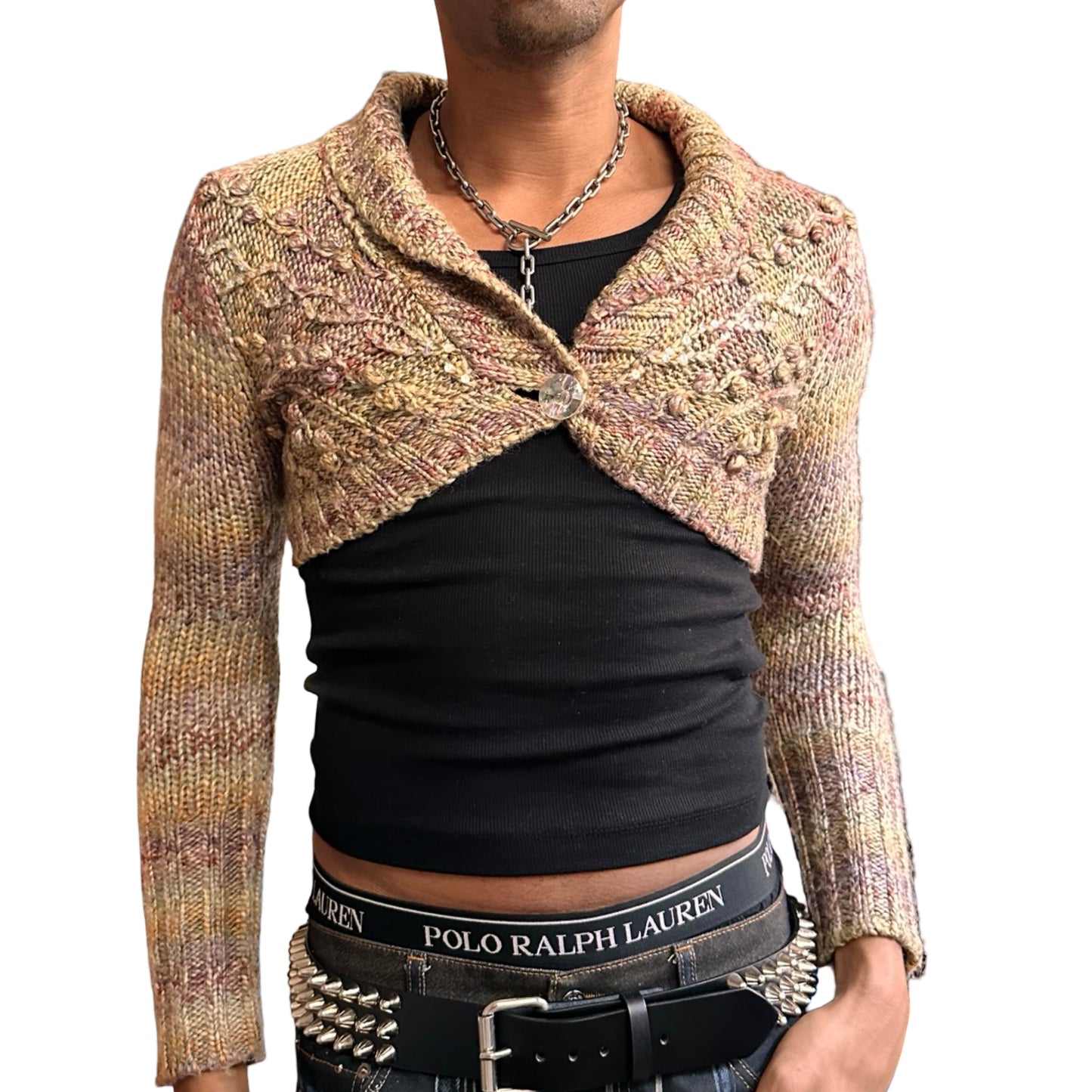 Vintage DKNY tan speckled cropped cable knit sweater with sequins and crystal button closure, women’s medium. front closed overview 