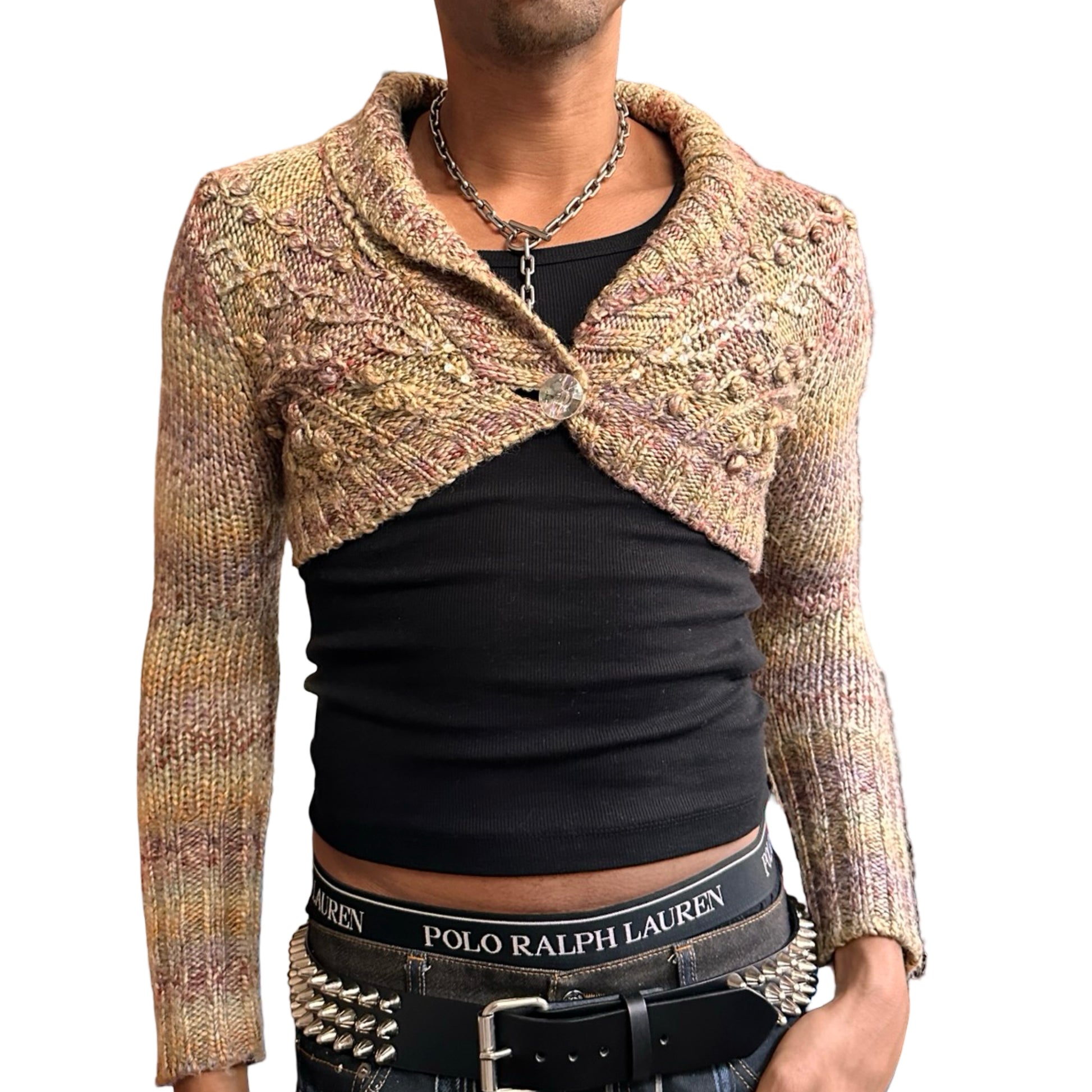 Vintage DKNY tan speckled cropped cable knit sweater with sequins and crystal button closure, women’s medium. front closed overview 