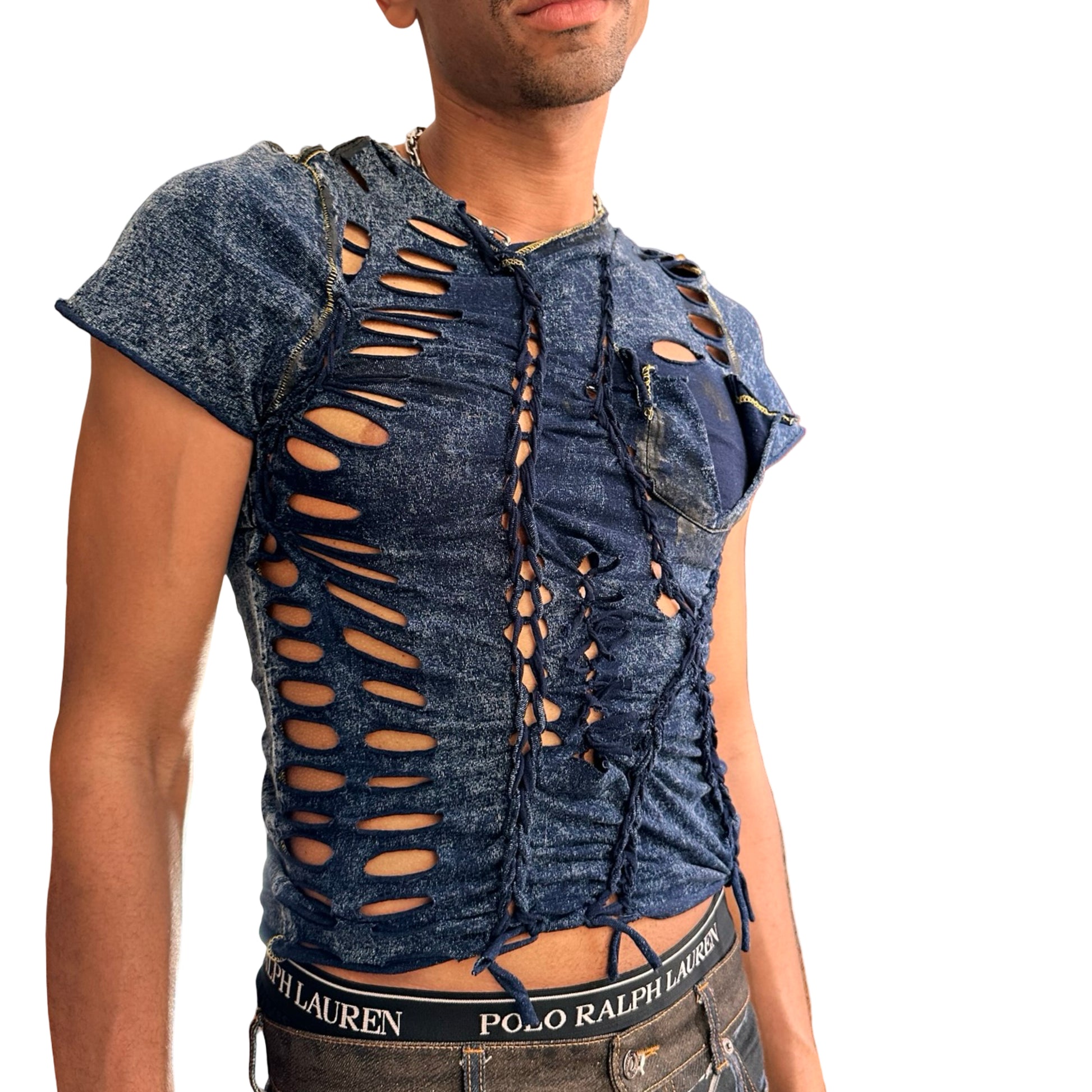 Front of ASTROBOI* blue acid-washed braided twist T-shirt with deconstructed pocket, slashes, hole details, and black paint accents. Custom NYC streetwear.