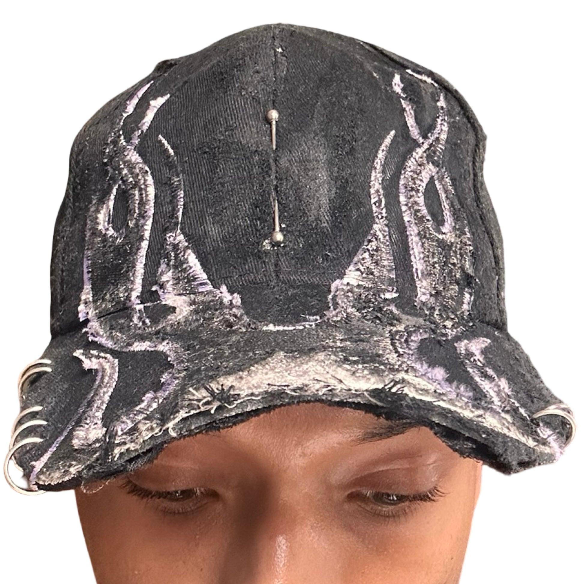 ASTROBOI* 'Black Flame' Y2K Black & Silver Distressed Pierced Hat -  front 