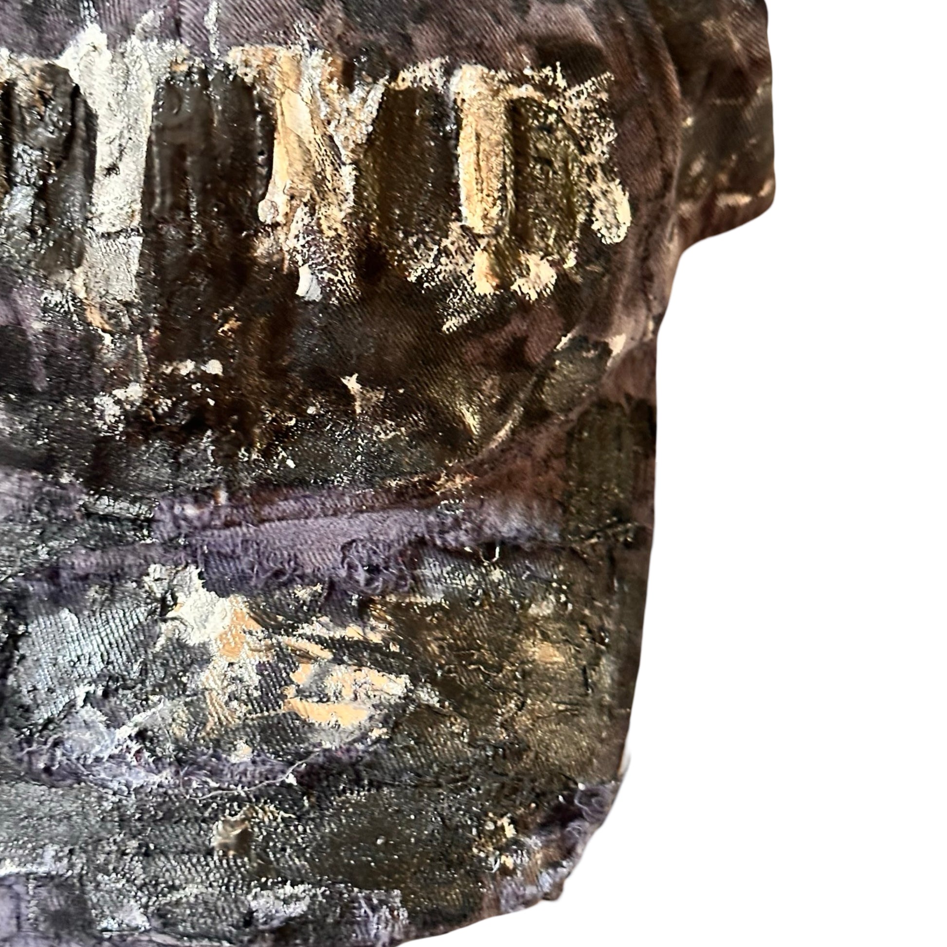 Flat front detail 2 ASTROBOI* navy fitted cap with custom black, white, and silver paint and distressed vintage finish.