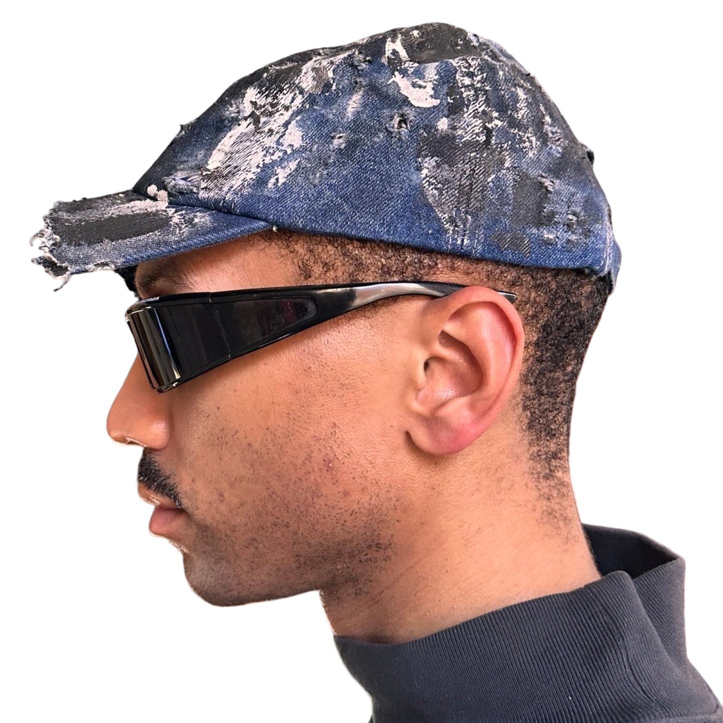 ASTROBOI* DISTRESSED HALF VISOR BLUE DENIM PAINTED HAT