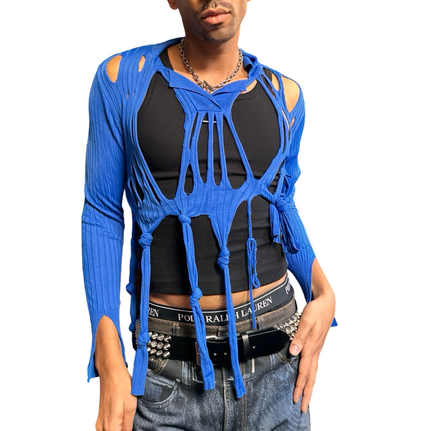 ASTROBOI* blue ribbed cropped sweater with cut outs, dangling knotted strands, and relaxed fit. Handmade knitwear piece from ASTROBOI* STUDIO in NYC. Front view 