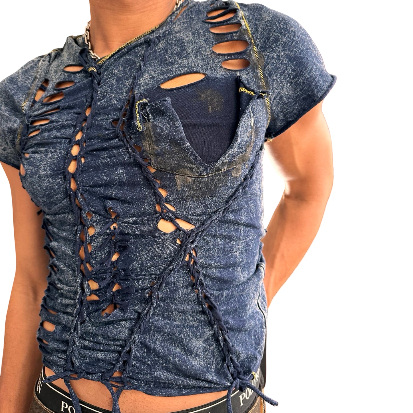 Front detail of ASTROBOI* blue acid-washed braided twist T-shirt with deconstructed pocket, slashes, hole details, and black paint accents. Custom NYC streetwear.