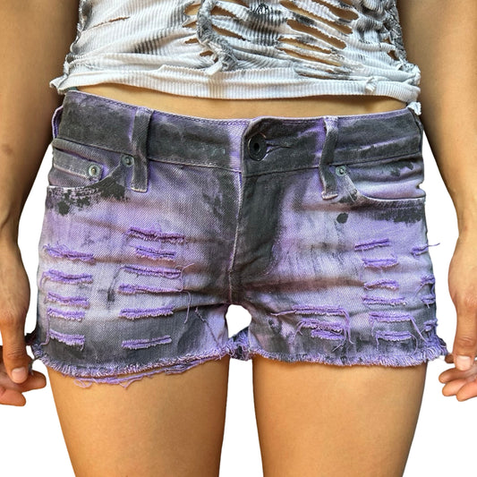 ASTROBOI* Women's Purple & Black Y2K Grunge Denim Shorts – front