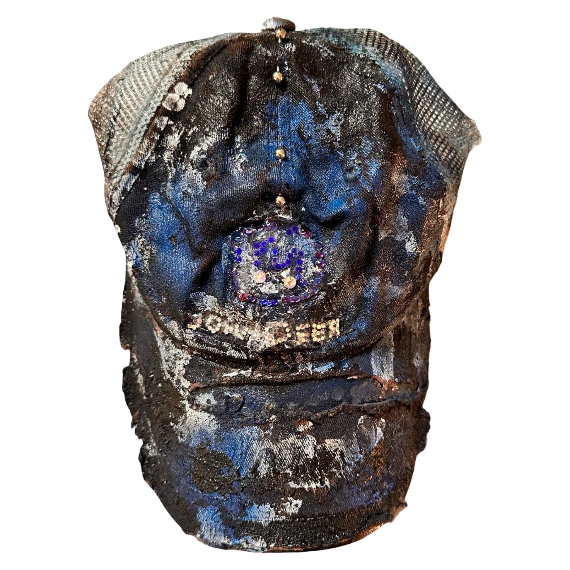 Flat front of ASTROBOI* x John Deere black and blue distressed trucker hat with rhinestone resin logo and stainless steel piercings.