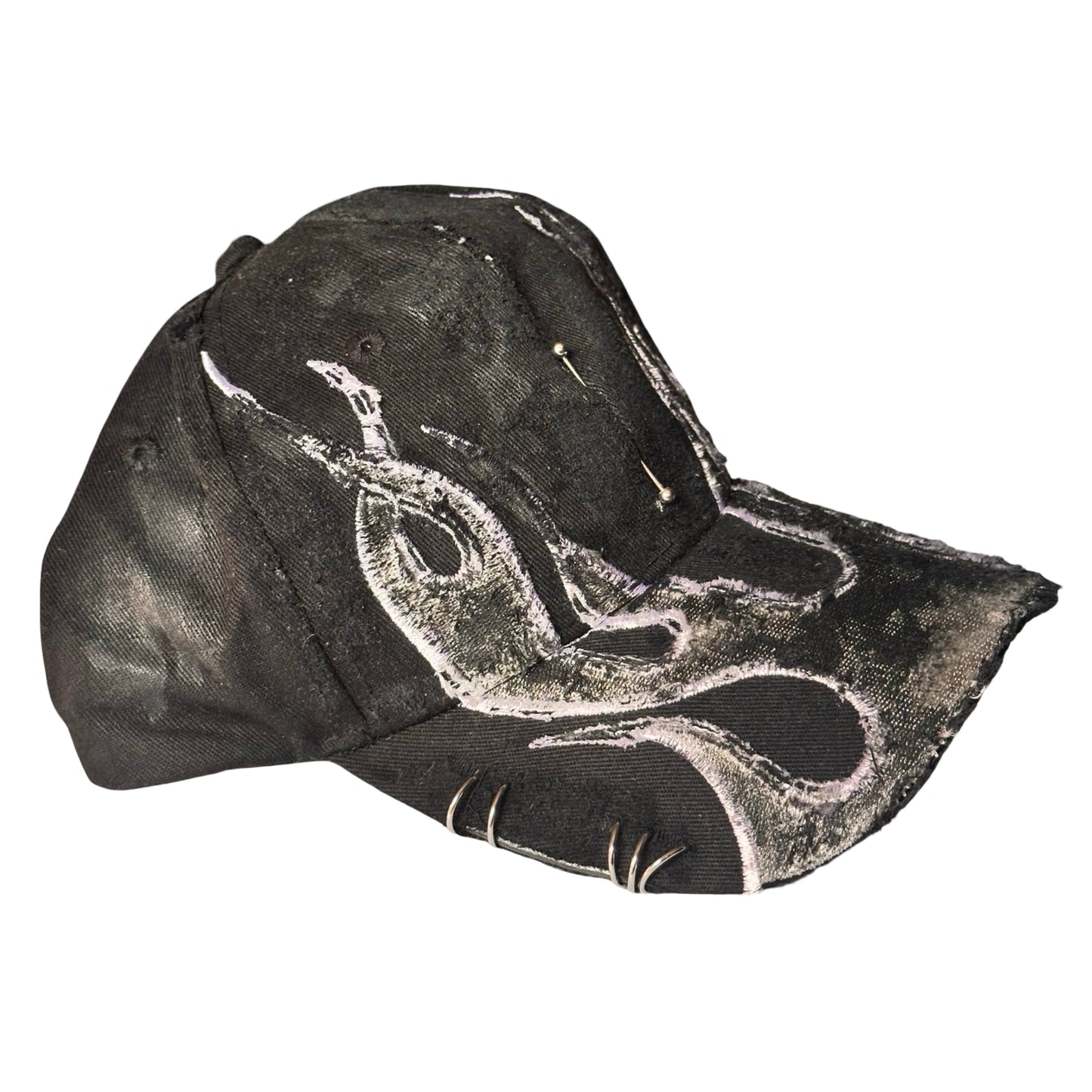 ASTROBOI* 'Black Flame' Y2K Black & Silver Distressed Pierced Hat - flat right 