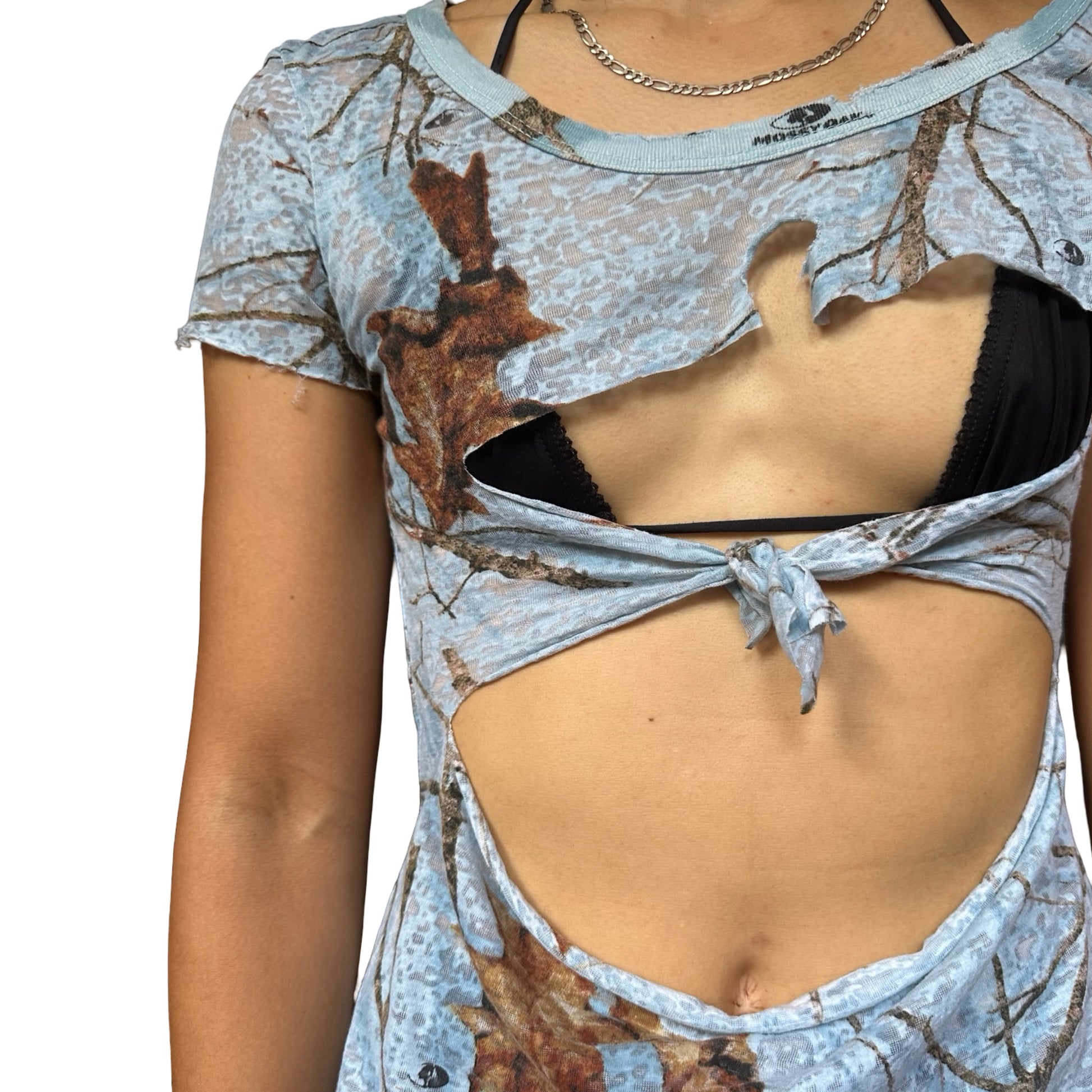 ASTROBOI* Powder Blue RealTree Camo Tie T-Shirt – front close up 