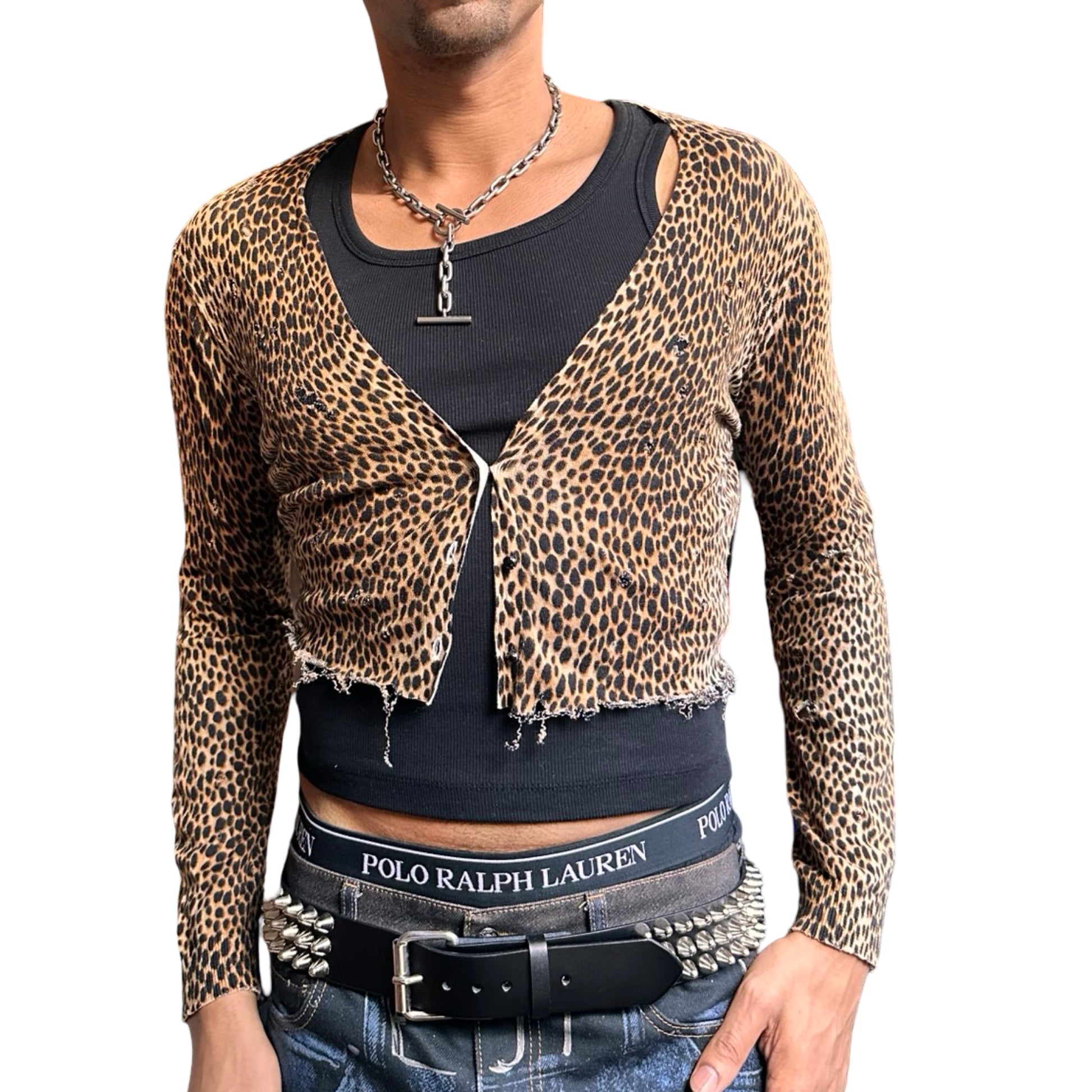 ASTROBOI* black and brown cheetah print grunge cardigan with raw hem, jewel buttons, and distressed knit details, size XL. Front 