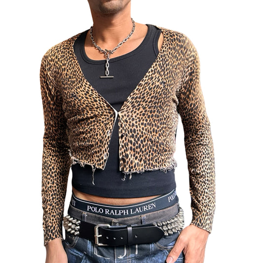 ASTROBOI* black and brown cheetah print grunge cardigan with raw hem, jewel buttons, and distressed knit details, size XL. Front 