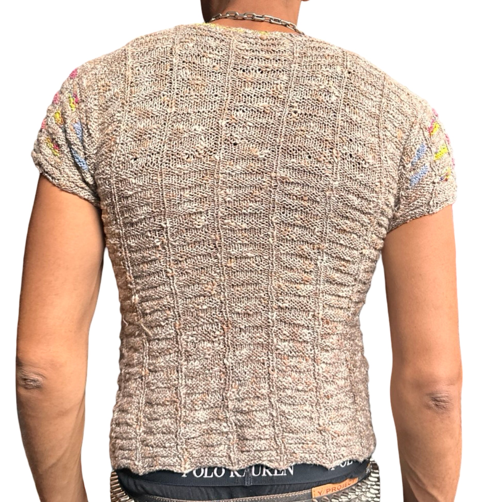 Vintage tan hand-knit speckled multicolored sweater with geometric stitching and wavy hemline, medium size. Back 