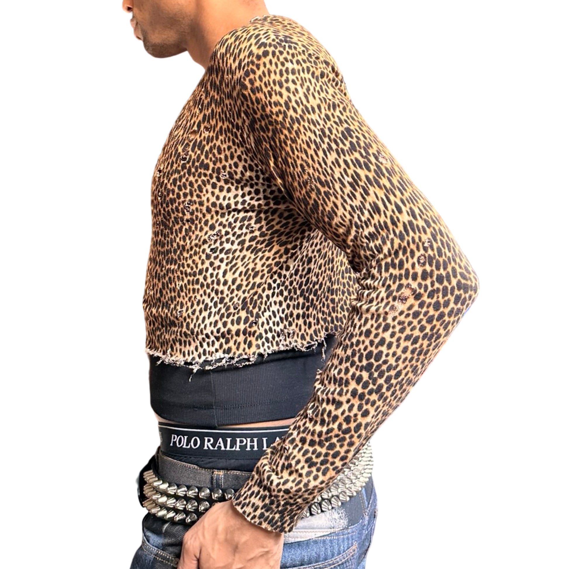 ASTROBOI* black and brown cheetah print grunge cardigan with raw hem, jewel buttons, and distressed knit details, size XL. Left 