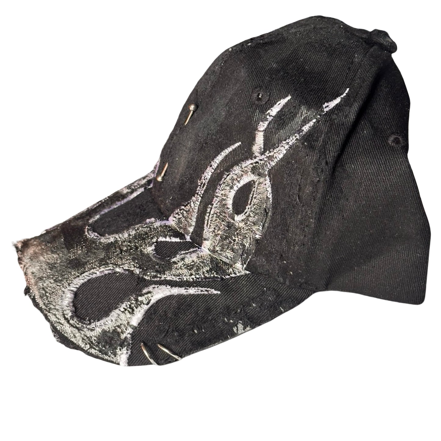 ASTROBOI* 'Black Flame' Y2K Black & Silver Distressed Pierced Hat -  flat left 
