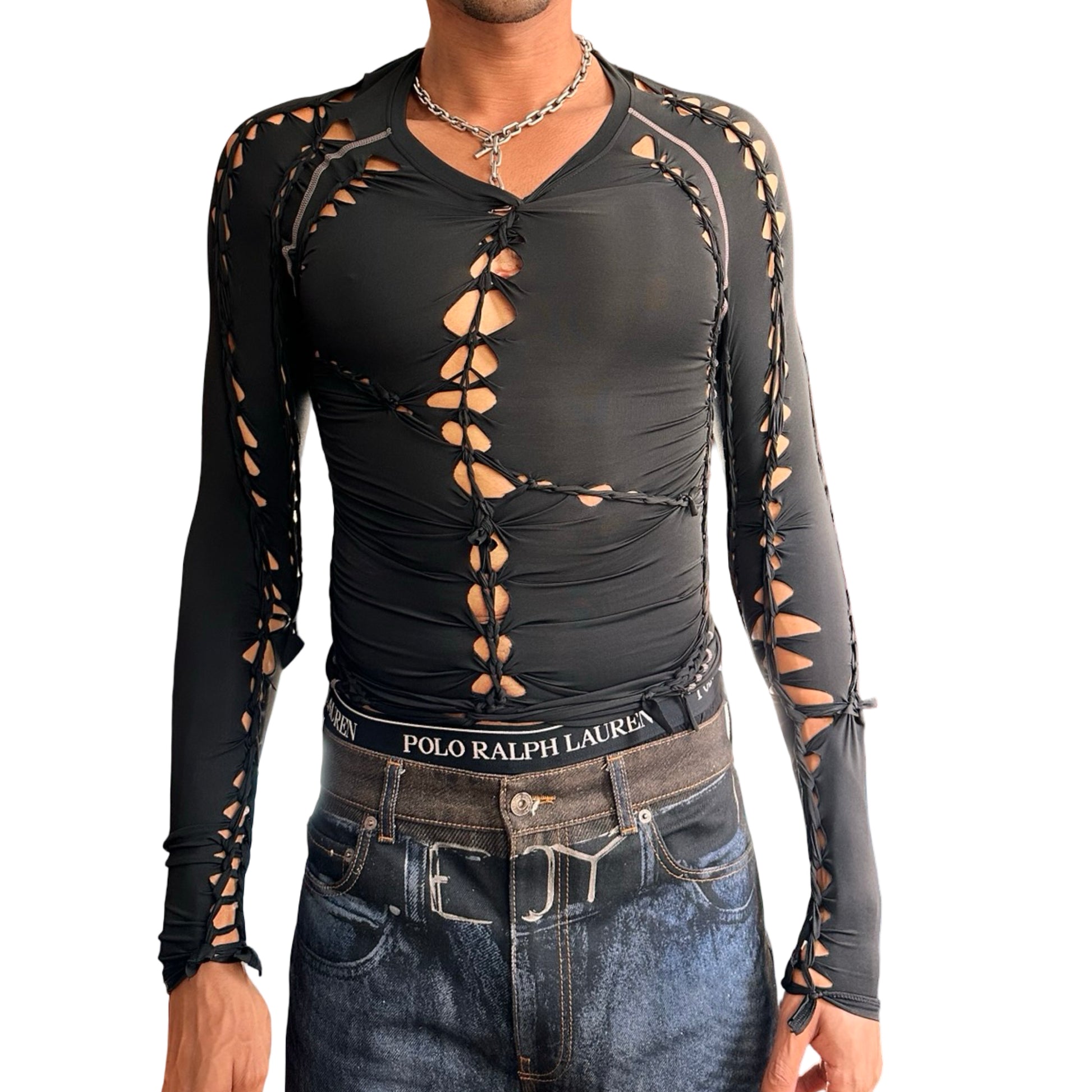 Front view of ASTROBOI* 'Mystique' black braided twist compression top with cut-out details. Handmade in NYC using breathable, moisture-wicking stretch fabric.
