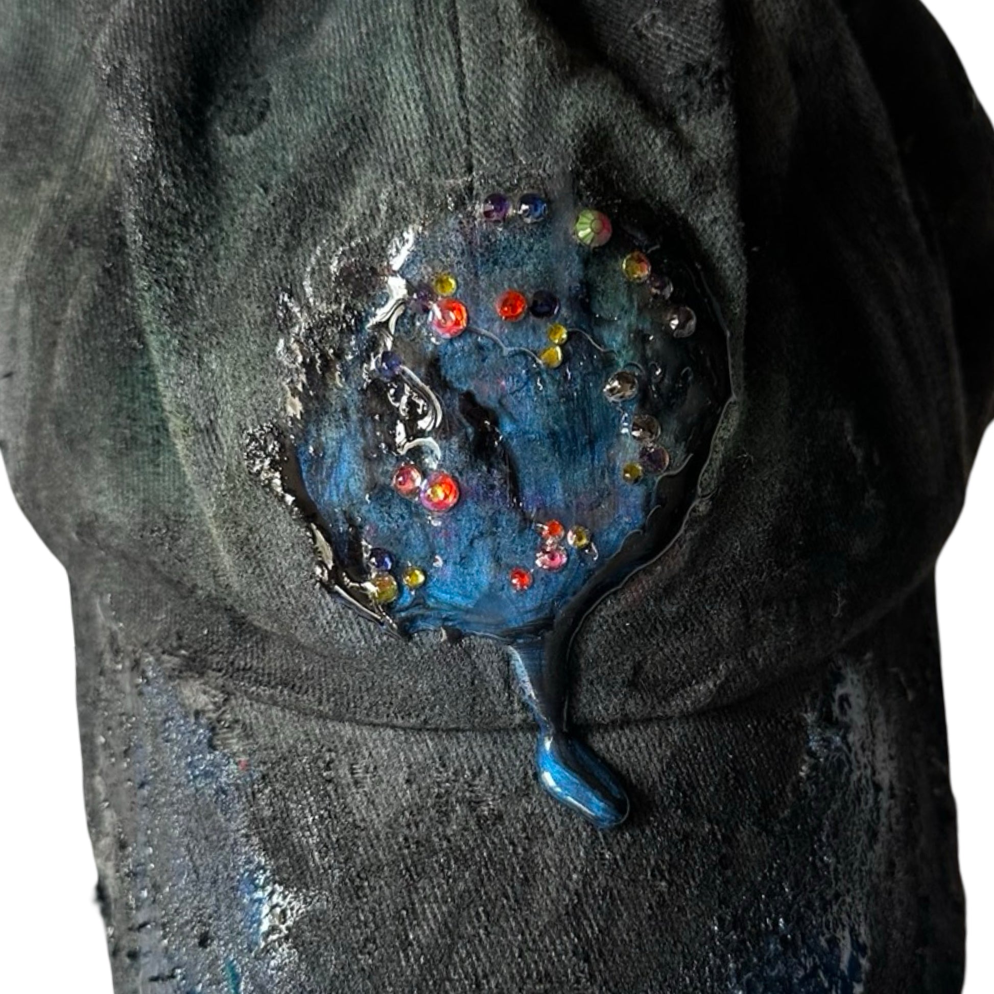 ASTROBOI* 'Enchanted' Black Distressed Rhinestone Resin Hat - flat detail pendant 