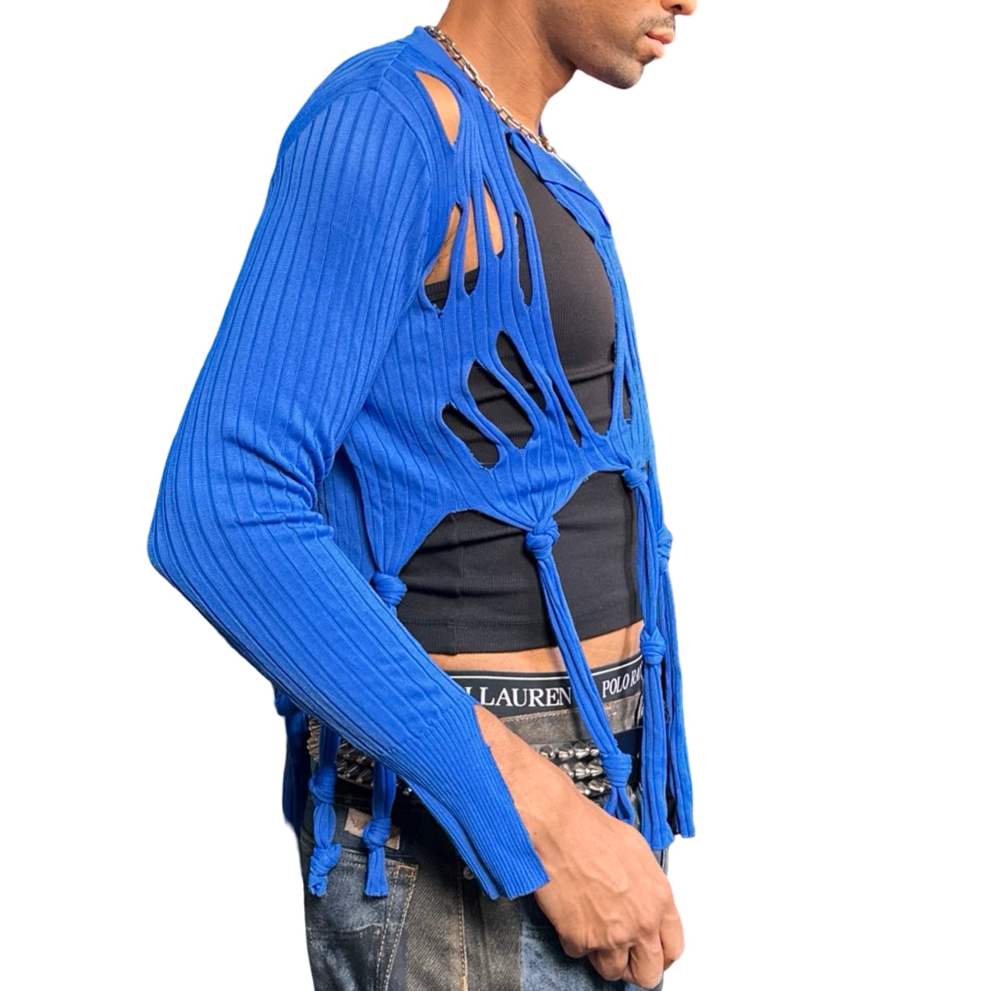 ASTROBOI* blue ribbed cropped sweater with cut outs, dangling knotted strands, and relaxed fit. Handmade knitwear piece from ASTROBOI* STUDIO in NYC. Right side view 