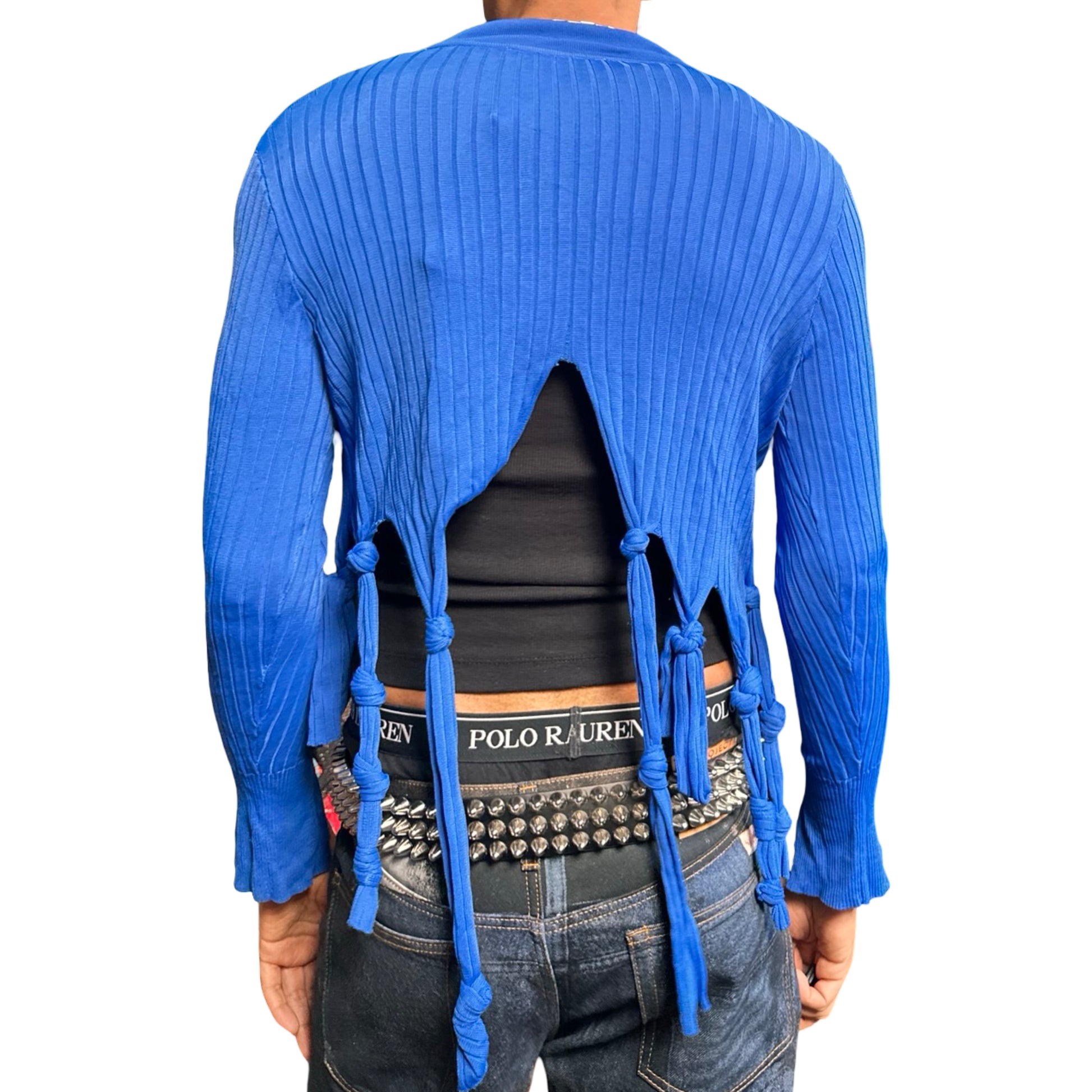 ASTROBOI* blue ribbed cropped sweater with cut outs, dangling knotted strands, and relaxed fit. Handmade knitwear piece from ASTROBOI* STUDIO in NYC. Back view 