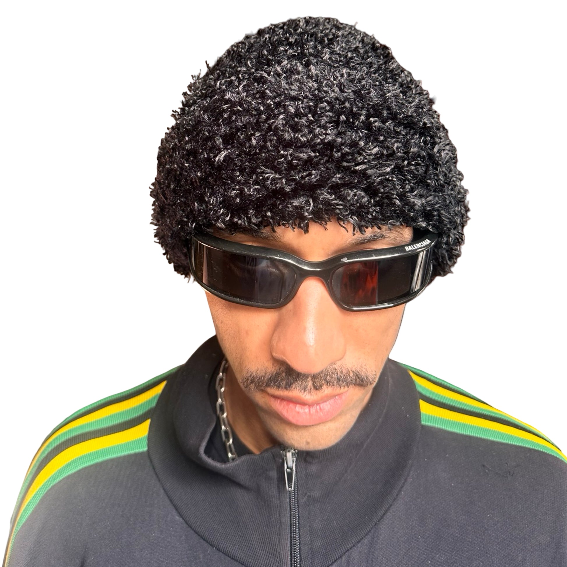 Front of Vintage black fuzzy chunky knit beanie with double-lined construction and thick textured fabric, shown in good condition.