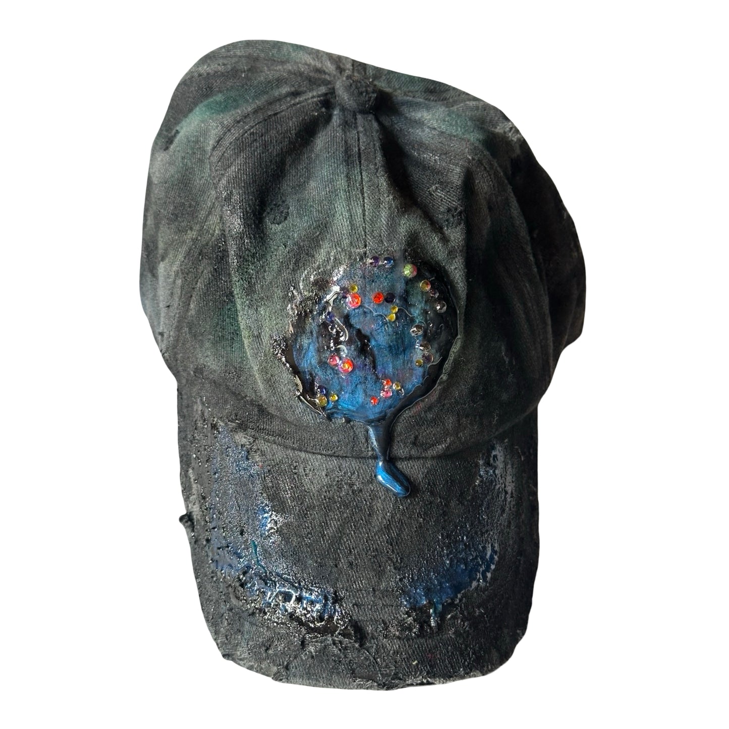 ASTROBOI* 'Enchanted' Black Distressed Rhinestone Resin Hat - flat front 