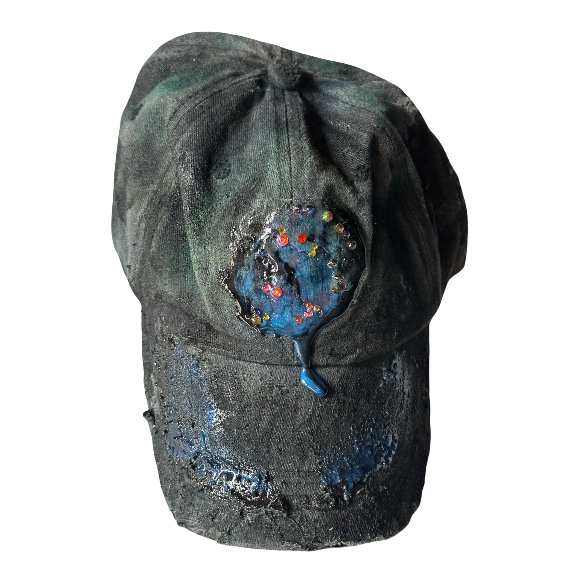 ASTROBOI* 'Enchanted' Black Distressed Rhinestone Resin Hat - flat front 