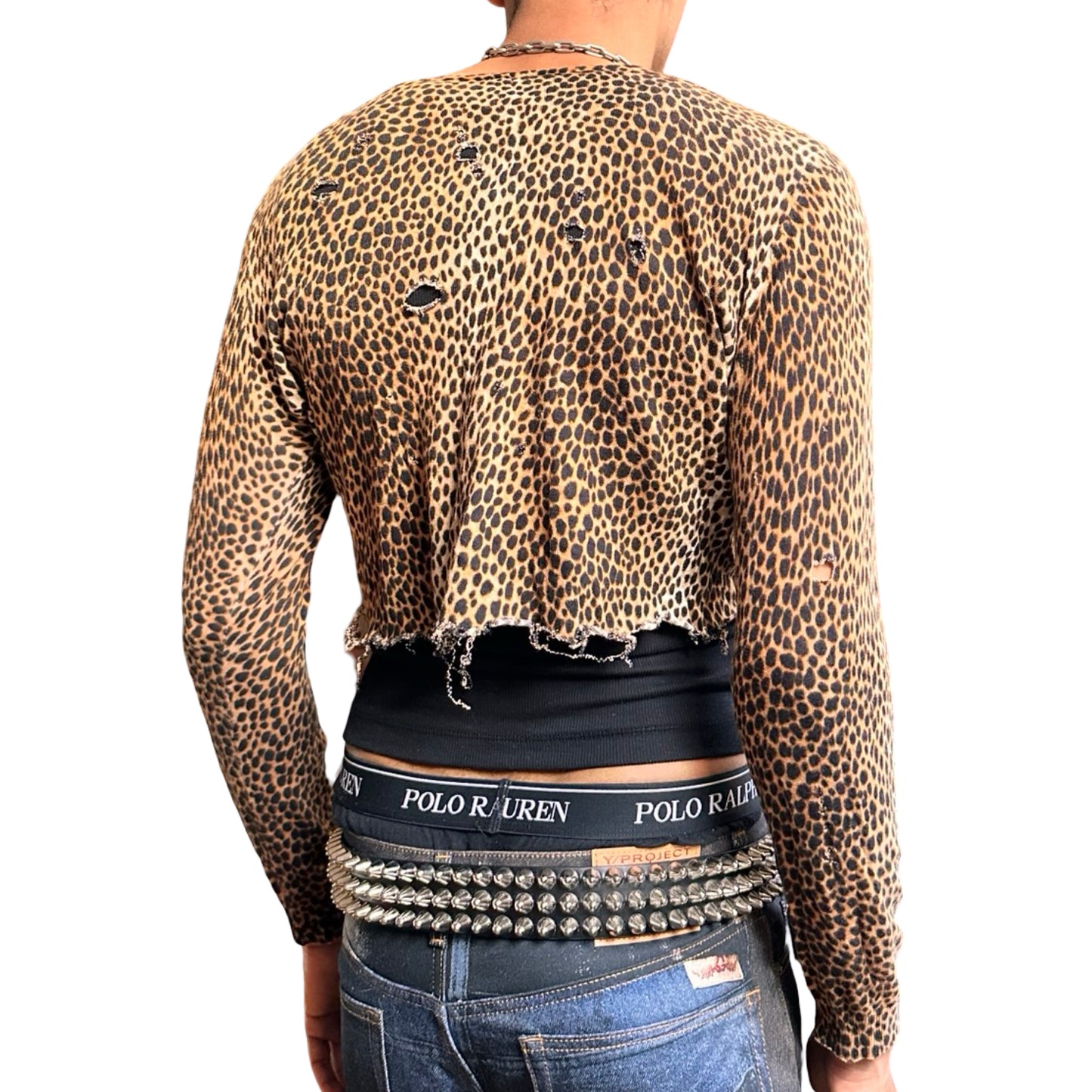 ASTROBOI* black and brown cheetah print grunge cardigan with raw hem, jewel buttons, and distressed knit details, size XL. Back 