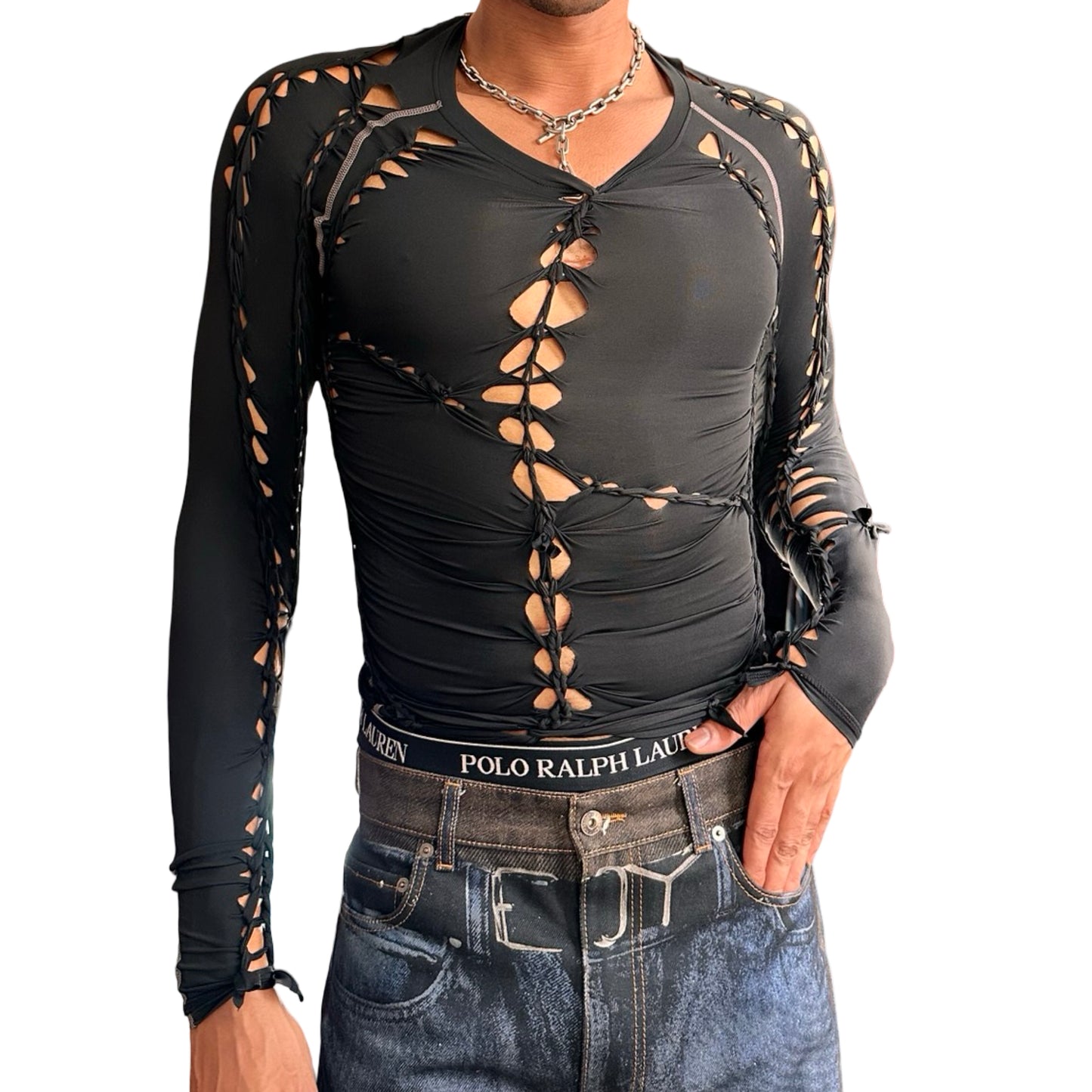 Front view of ASTROBOI* 'Mystique' black braided twist compression top with cut-out details. Handmade in NYC using breathable, moisture-wicking stretch fabric.