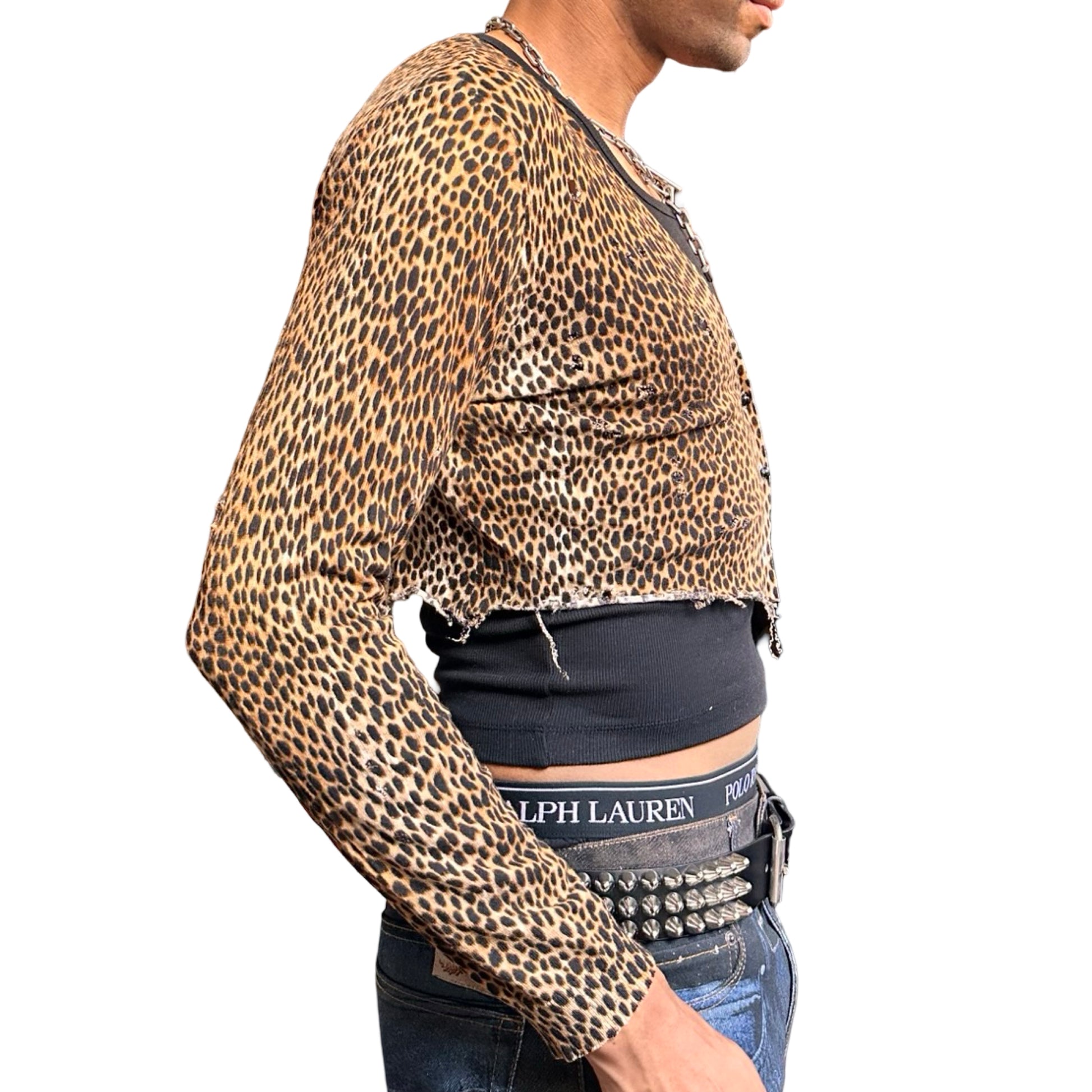 ASTROBOI* black and brown cheetah print grunge cardigan with raw hem, jewel buttons, and distressed knit details, size XL. Right 