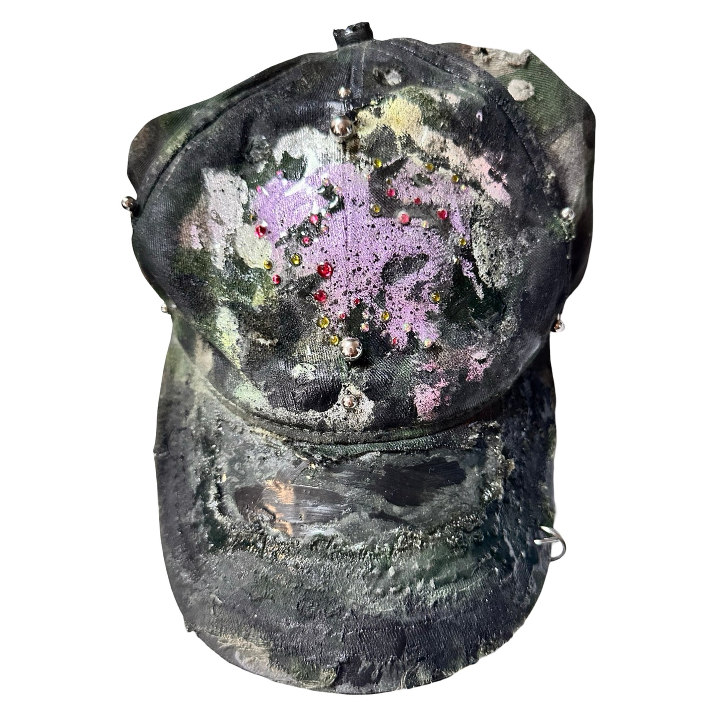 Flat front of Green distressed hat with metallic rhinestones sealed in resin and stainless steel piercings, customized by ASTROBOI*.