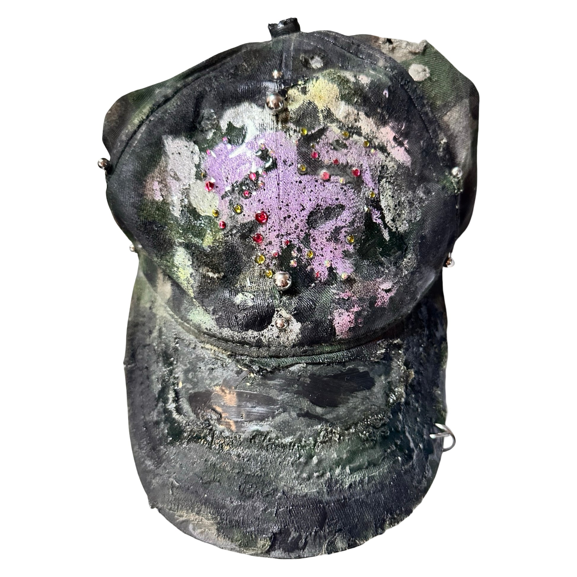 Flat front of Green distressed hat with metallic rhinestones sealed in resin and stainless steel piercings, customized by ASTROBOI*.