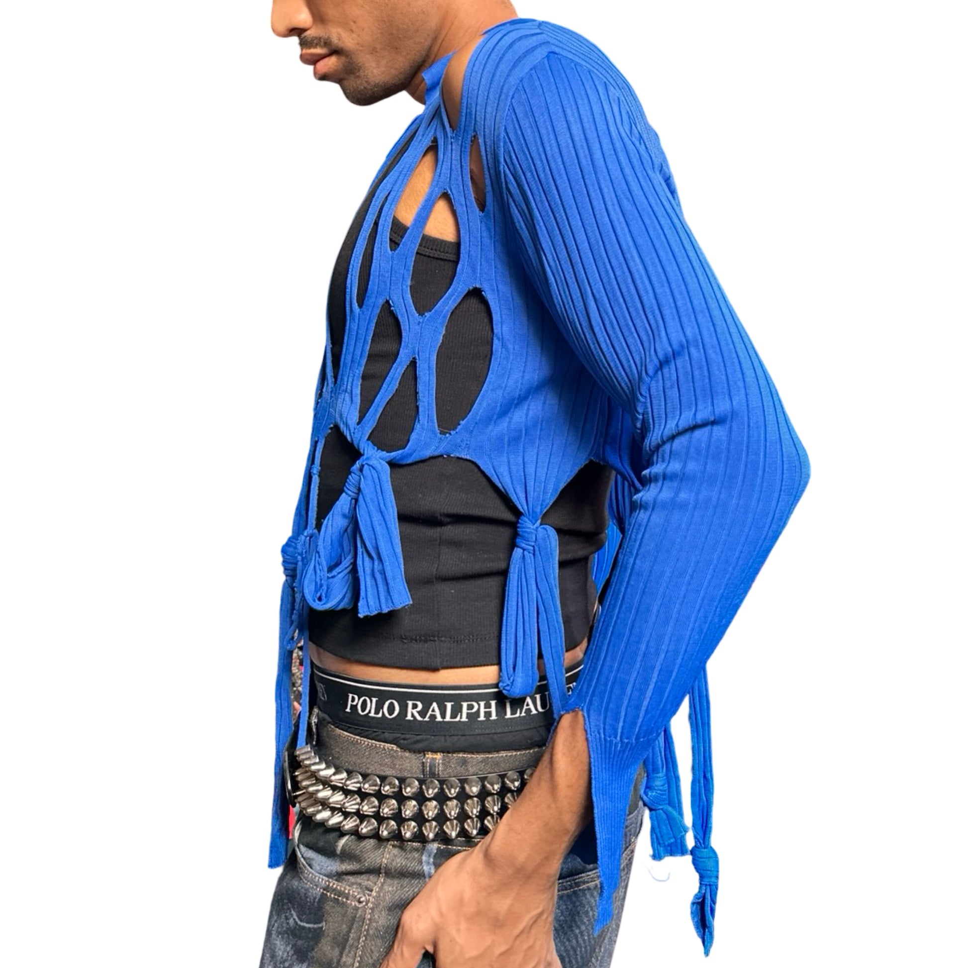 ASTROBOI* blue ribbed cropped sweater with cut outs, dangling knotted strands, and relaxed fit. Handmade knitwear piece from ASTROBOI* STUDIO in NYC. Right side 