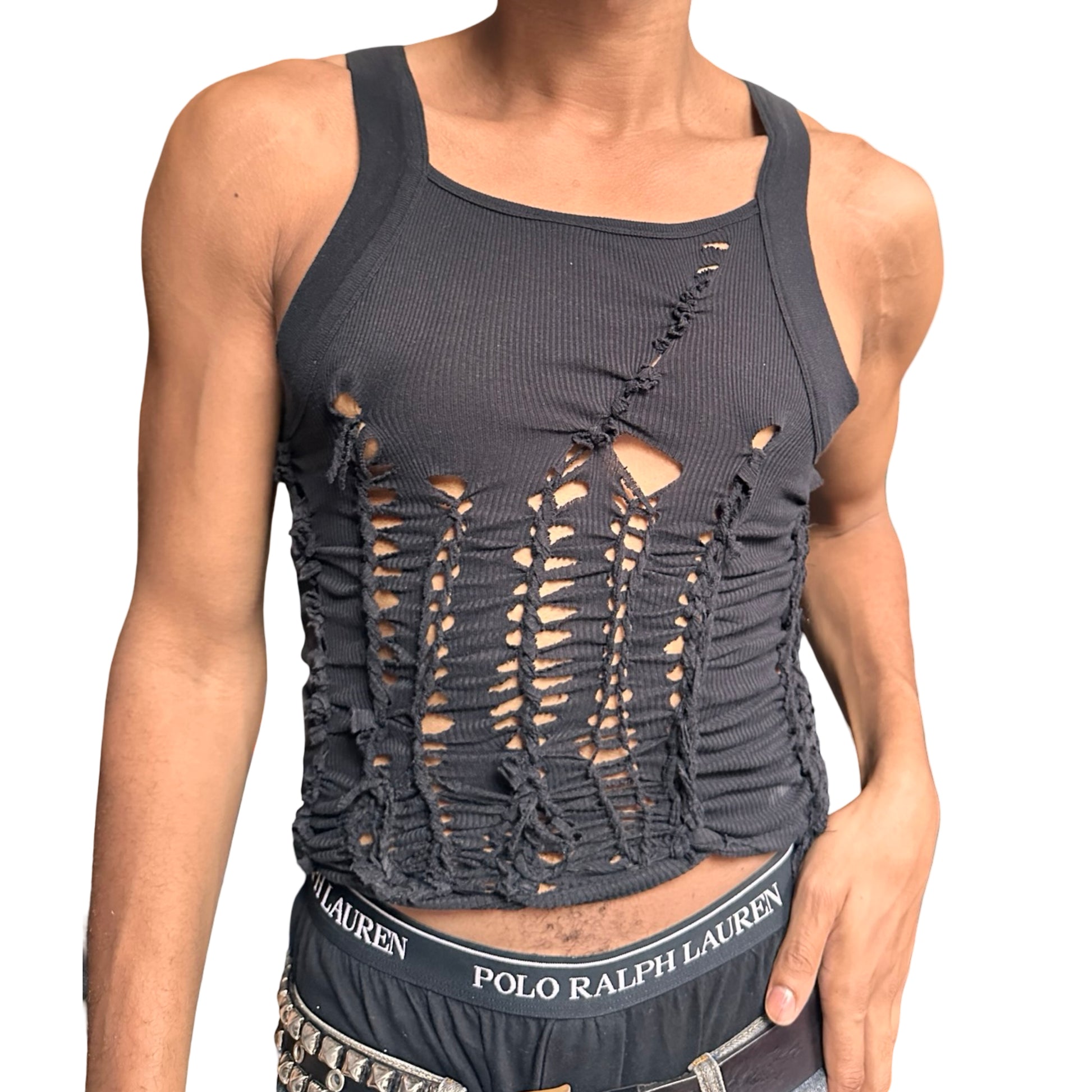 ASTROBOI* ‘Abstract’ Black Braided Cut Out G-Unit Y2K Tank Top – front