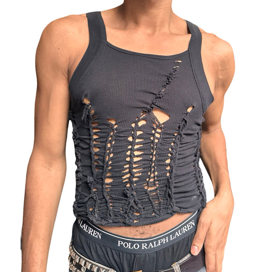 ASTROBOI* ‘Abstract’ Black Braided Cut Out G-Unit Y2K Tank Top – front