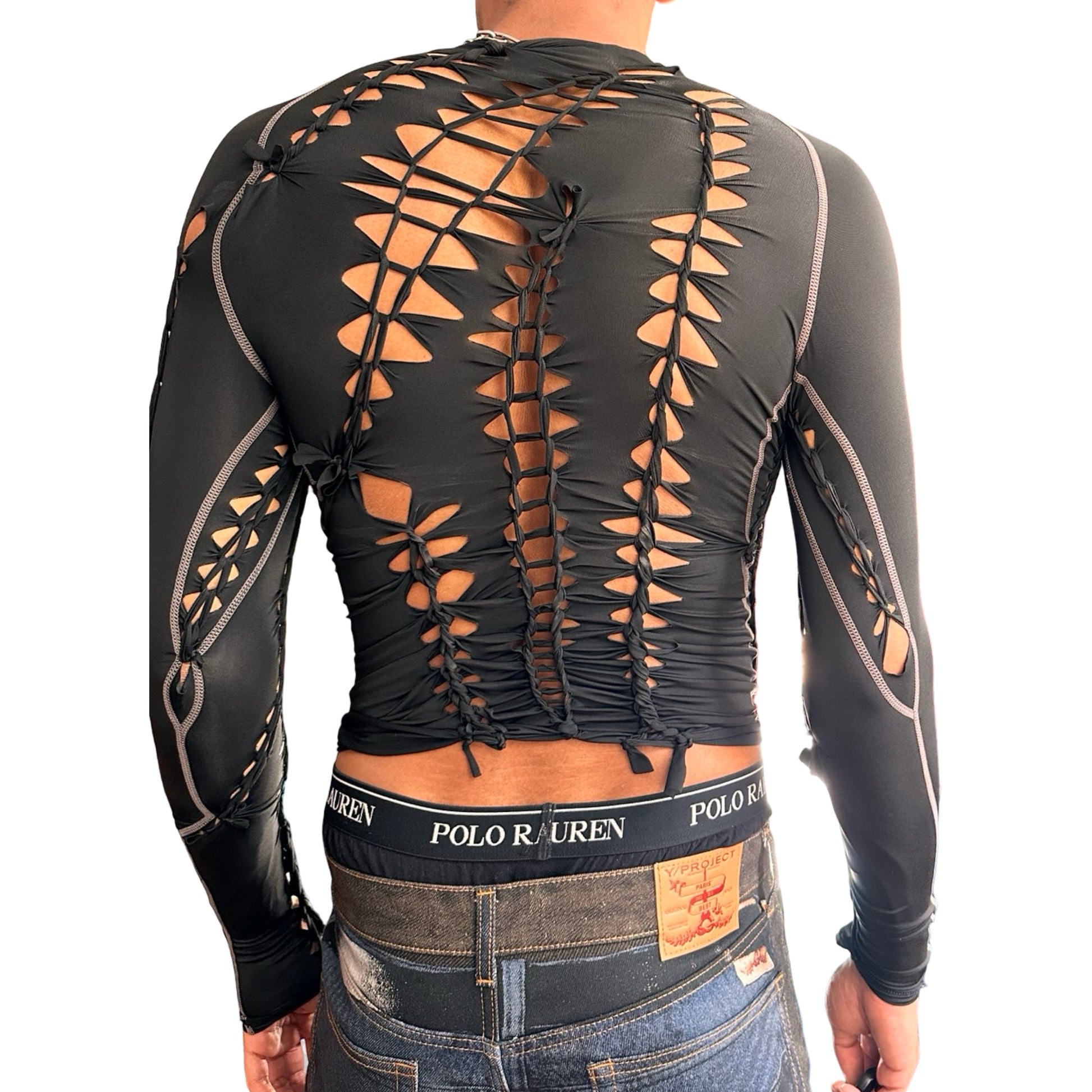 ASTROBOI* 'Mystique' black braided twist compression top with cut-out details. Handmade in NYC using breathable, moisture-wicking stretch fabric. Back detail 2