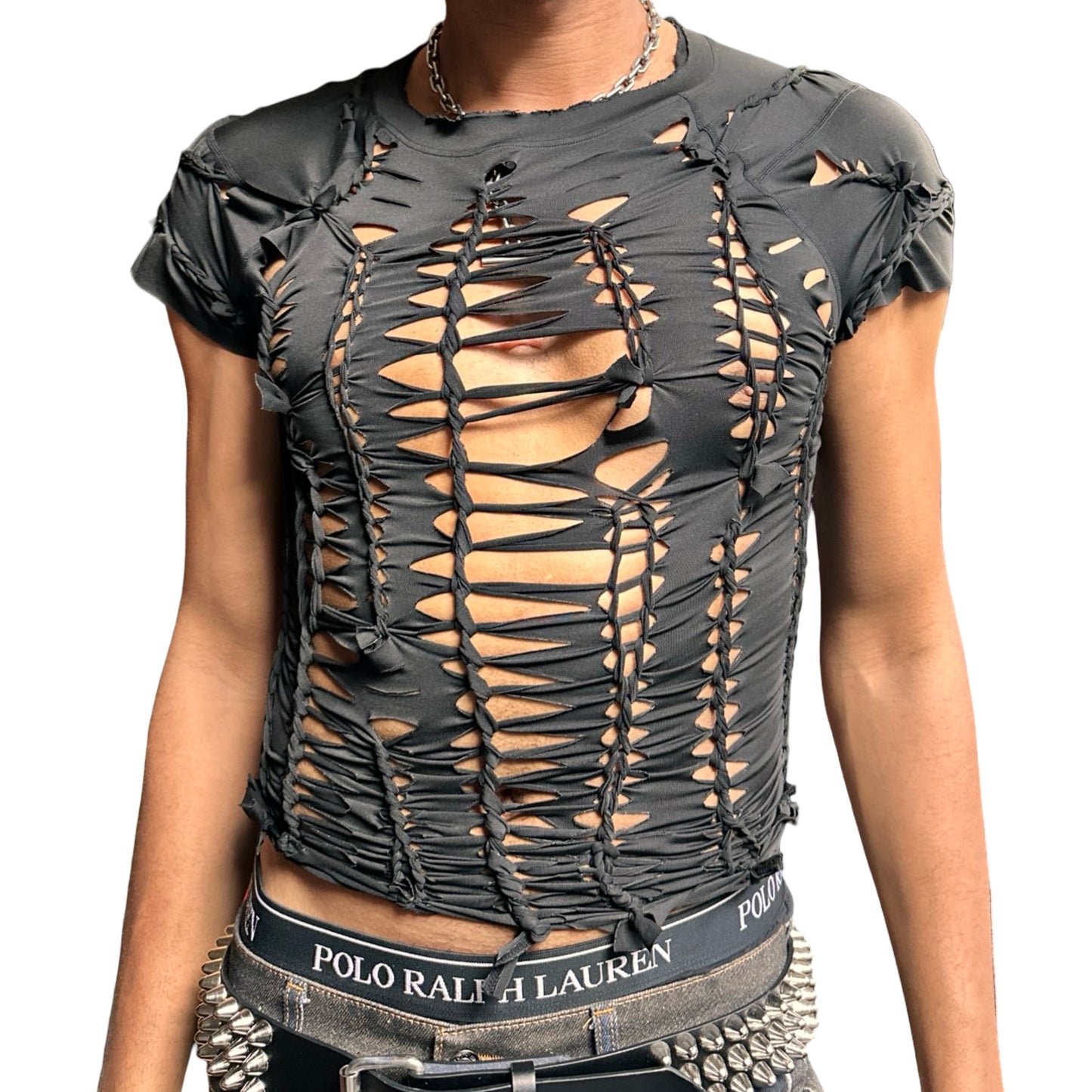 Front overview of ASTROBOI* 'Barely There' black braided twist compression top featuring intricate hand-braided detailing. Handmade in NYC with a form-fitting stretch design.