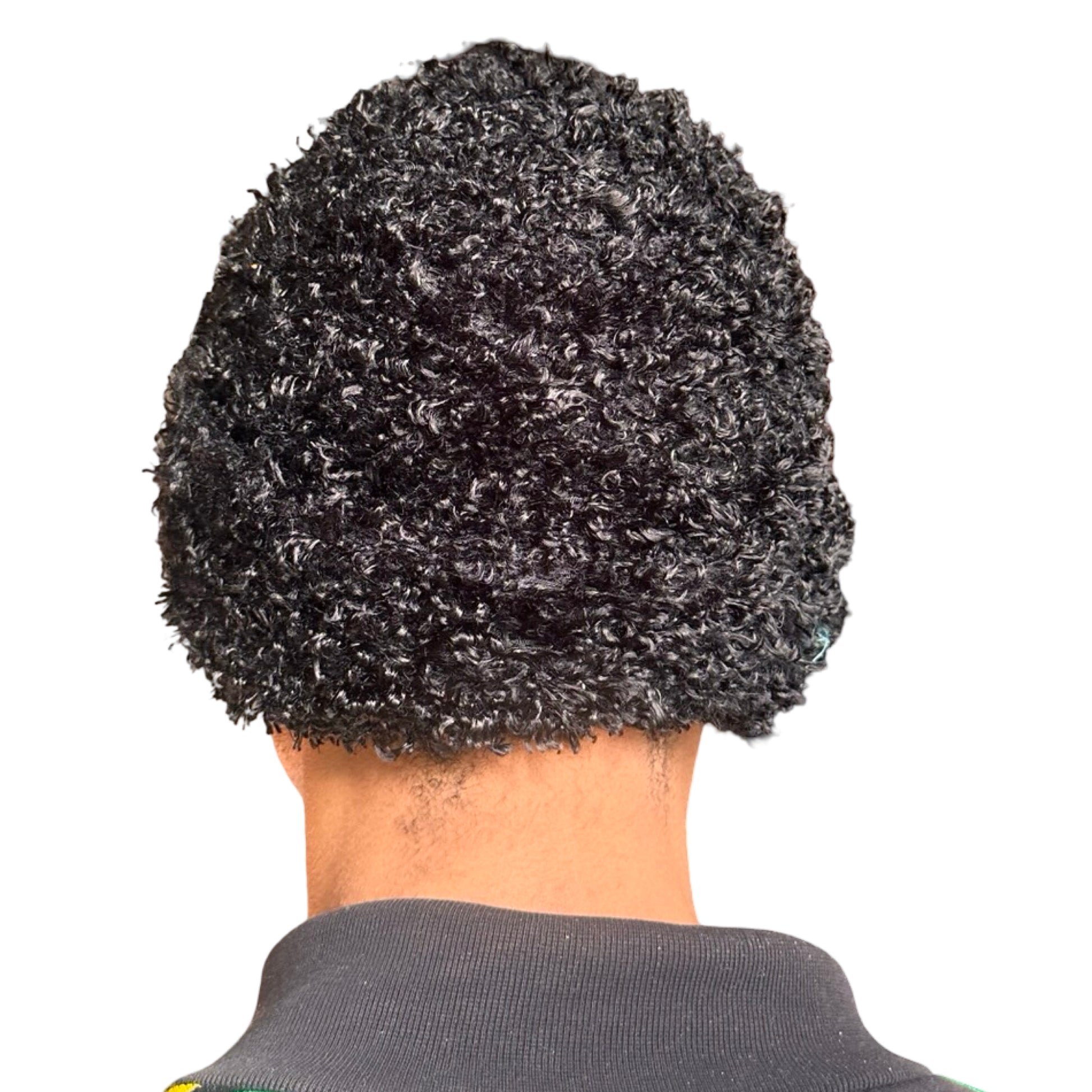 Back of Vintage black fuzzy chunky knit beanie with double-lined construction and thick textured fabric, shown in good condition.