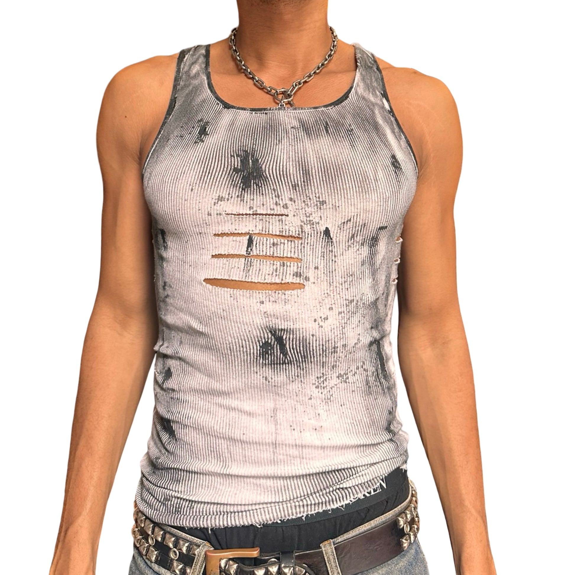 ASTROBOI* x Hanes 'Hero' White Ribbed Black Graphic Print Tank Top - front 
