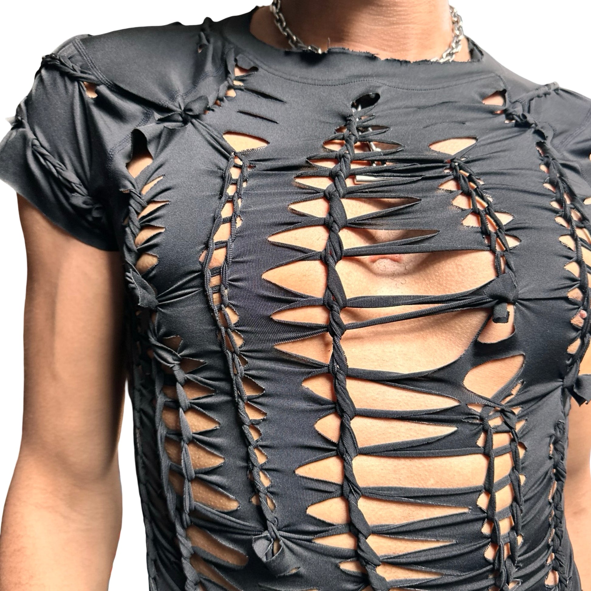 Front close up of ASTROBOI* 'Barely There' black braided twist compression top featuring intricate hand-braided detailing. Handmade in NYC with a form-fitting stretch design.