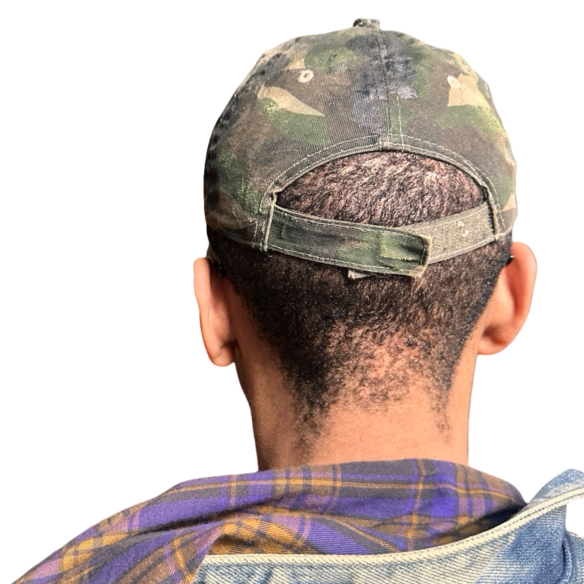 Back side of Green distressed hat with metallic rhinestones sealed in resin and stainless steel piercings, customized by ASTROBOI*.