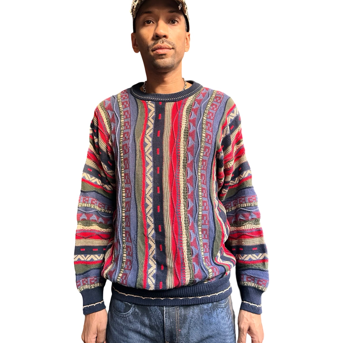 Vintage Cotton Traders blue and red Coogi-style knit sweater with raised textured pattern, 90s dad fit, men's large. front overview