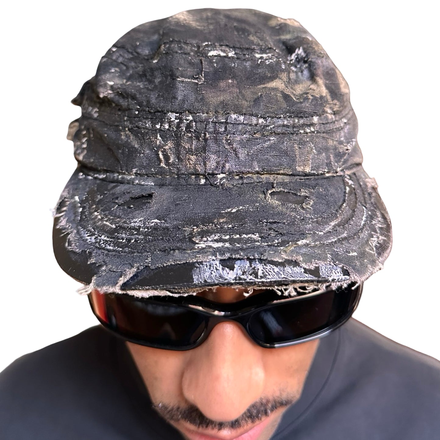 Front of Distressed retro green camouflage hat with hand-painted details and side coin pocket, customized by ASTROBOI* STUDIO in NYC.