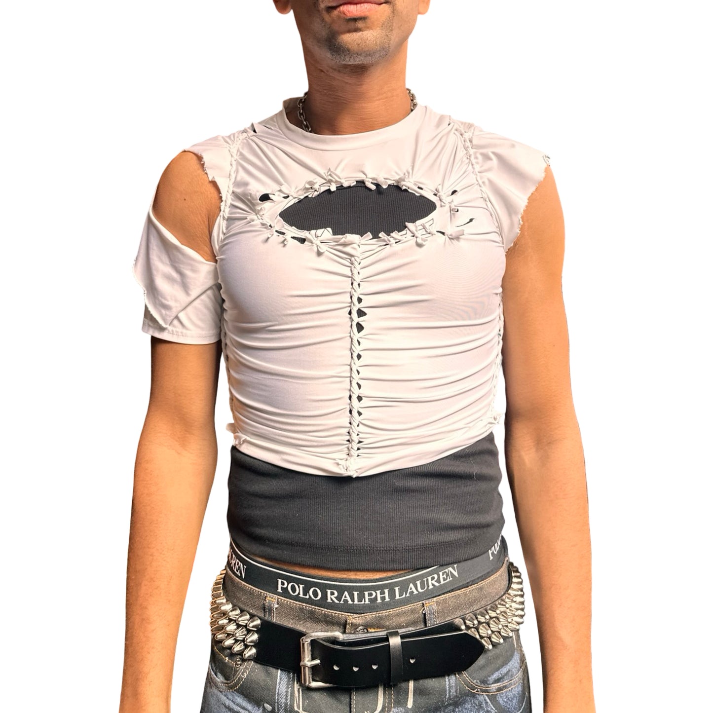 Overview of ASTROBOI* x O’NEIL white braided compression top with deconstructed logo, front body braids, and slim fit. Handmade in Brooklyn with UPF 50+ fabric.