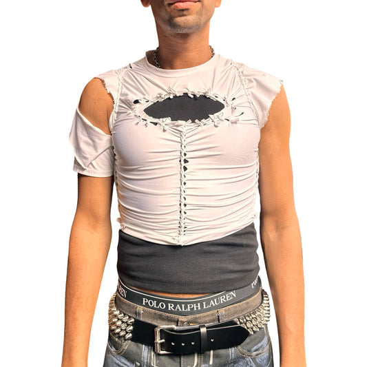 Overview of ASTROBOI* x O’NEIL white braided compression top with deconstructed logo, front body braids, and slim fit. Handmade in Brooklyn with UPF 50+ fabric.